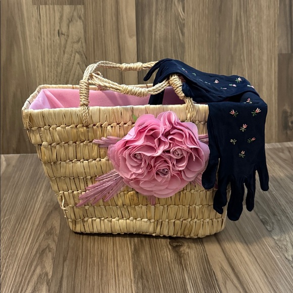 Christian Livingston Vintage Raffia Pink Fabric Roses Lined Top Handle Bag 8x10 - Picture 4 of 16